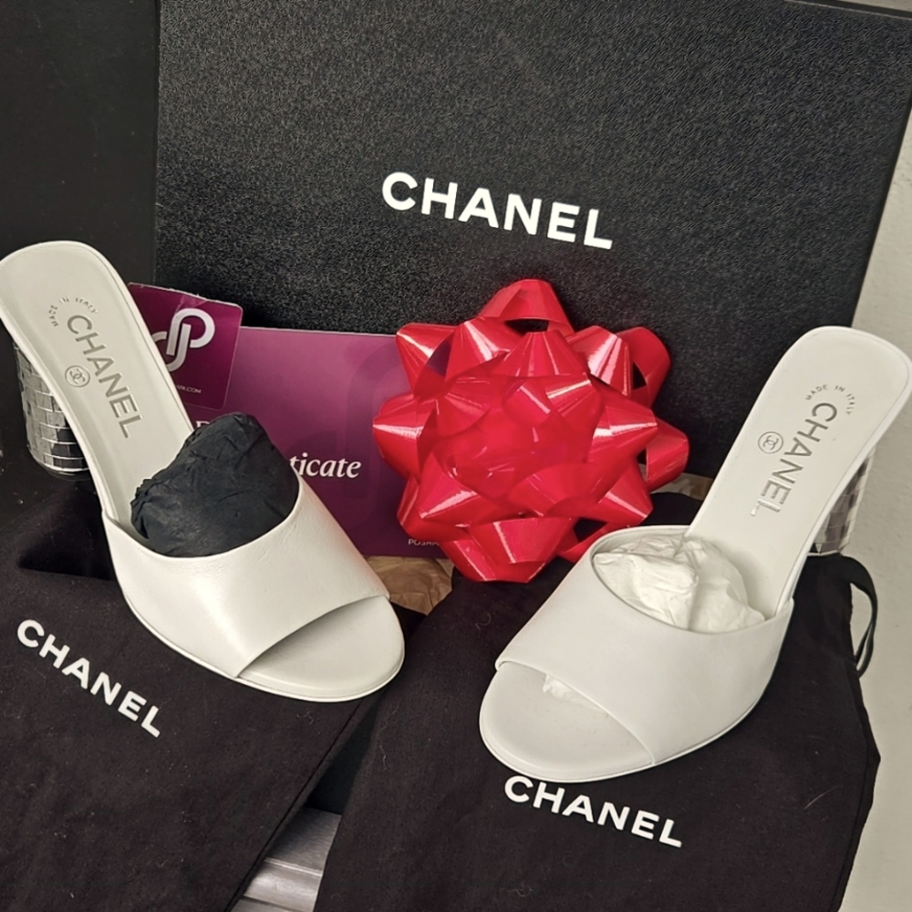 White Silver Heel Disco Chanel Mules New Never Worn Original Box